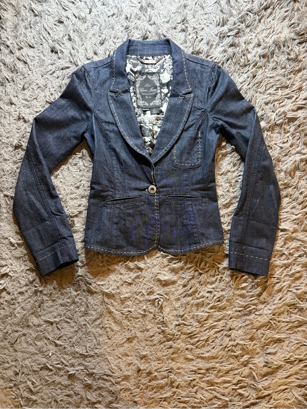 Vintage Y2K Guess dark blue contrast topstitch stitch blazer jacket sz S